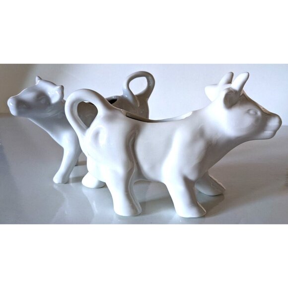 Designer Set Of 2 Torre & Tagus Cow&Calf Milk Cream Jugs Decor White 8*5" ; 7*4" - Picture 1 of 10